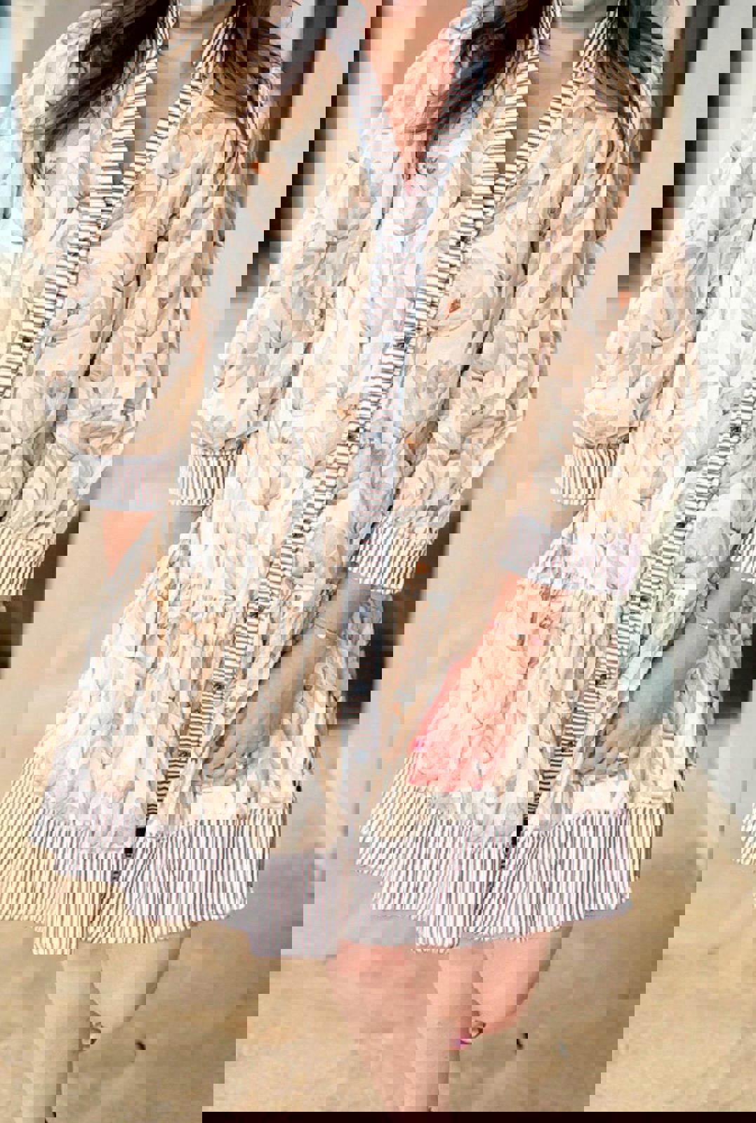 Khaki Plus Size Floral Print Striped Trim Patchwork Button Down A-line Dress 4XL