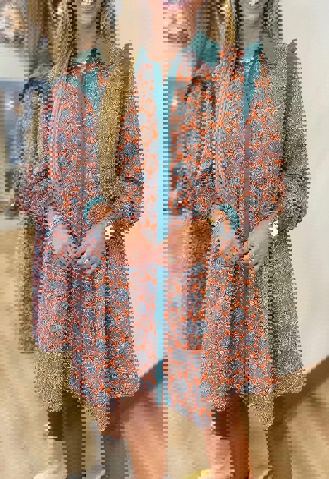 Orange Boho Floral Contrast Collared Shirt Mini Dress