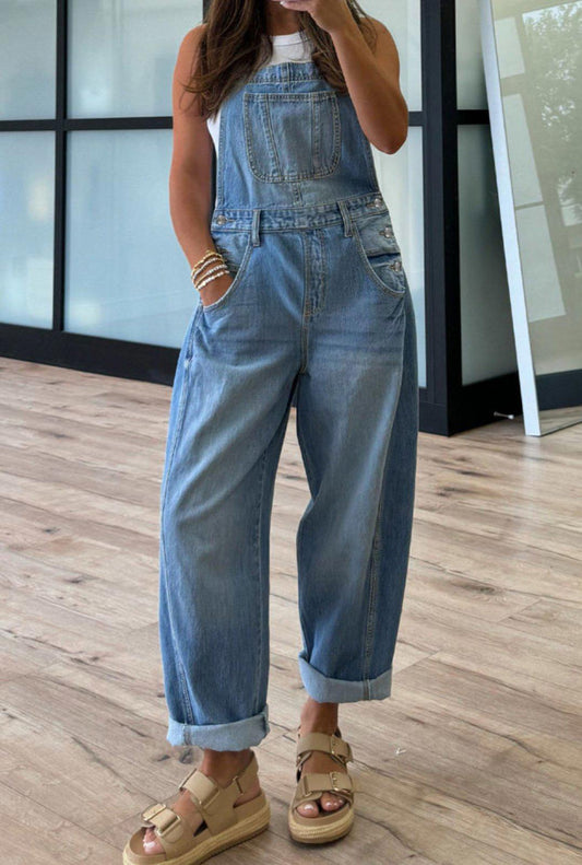 Dusk Blue Adjustable Buckle Barrel Denim Overall