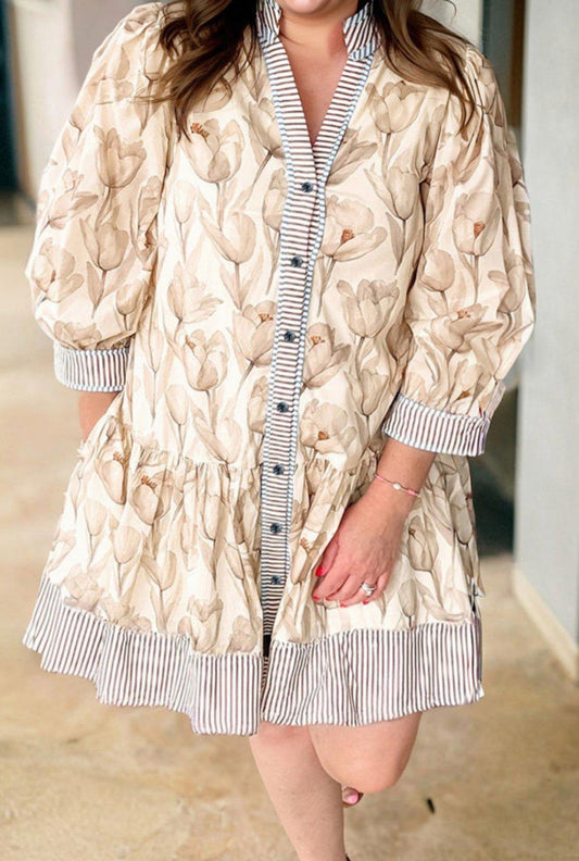 Khaki Plus Size Floral Print Striped Trim Patchwork Button Down A-line Dress 4XL