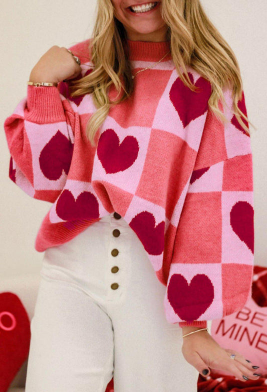 Pink Plus Size Love Heart Block Mock Neck
Lantern Sleeve Valentine Sweater
