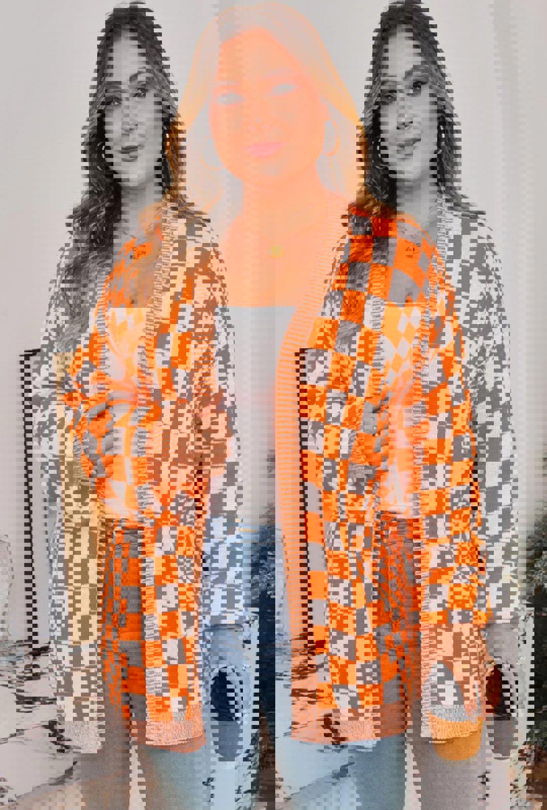 Orange Plus Size Checkered Bubble Sleeve Drop
Shoulder Open Cardigan 4XL