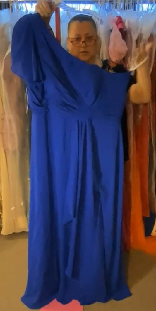 Blue One Shoulder corset back formal gown with pockets