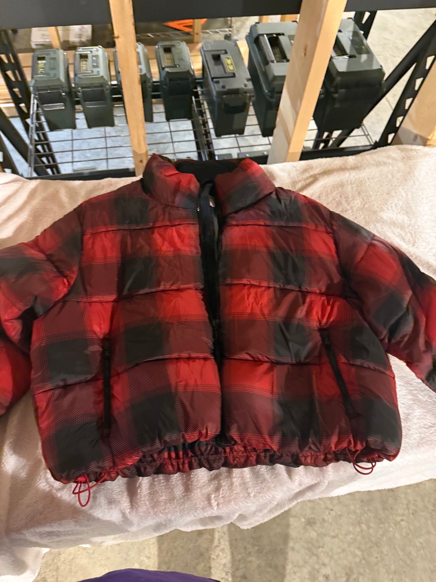 Old Navy Red and Black Checkered Puffer Coat XL