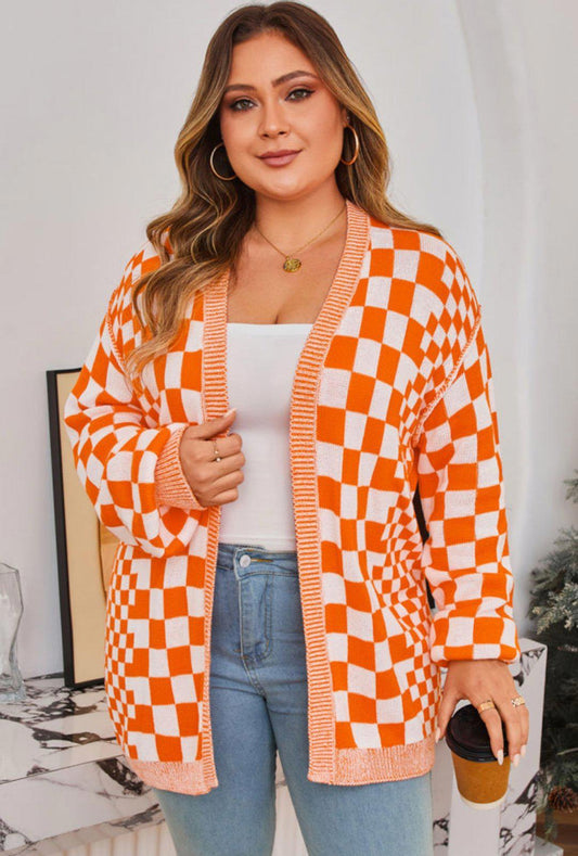 Orange Plus Size Checkered Bubble Sleeve Drop
Shoulder Open Cardigan
