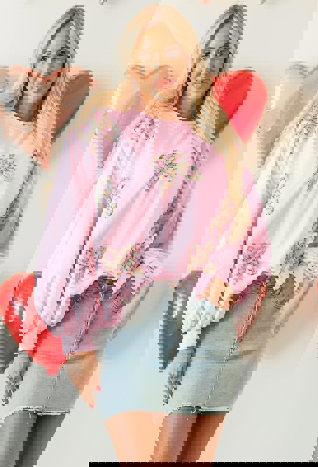 Light Pink Embroidered Bow Lantern Sleeve Oversized Pullover Sweatshirt