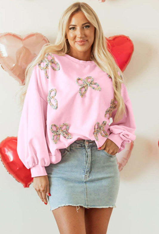 Light Pink Embroidered Bow Lantern Sleeve Oversized Pullover Sweatshirt
