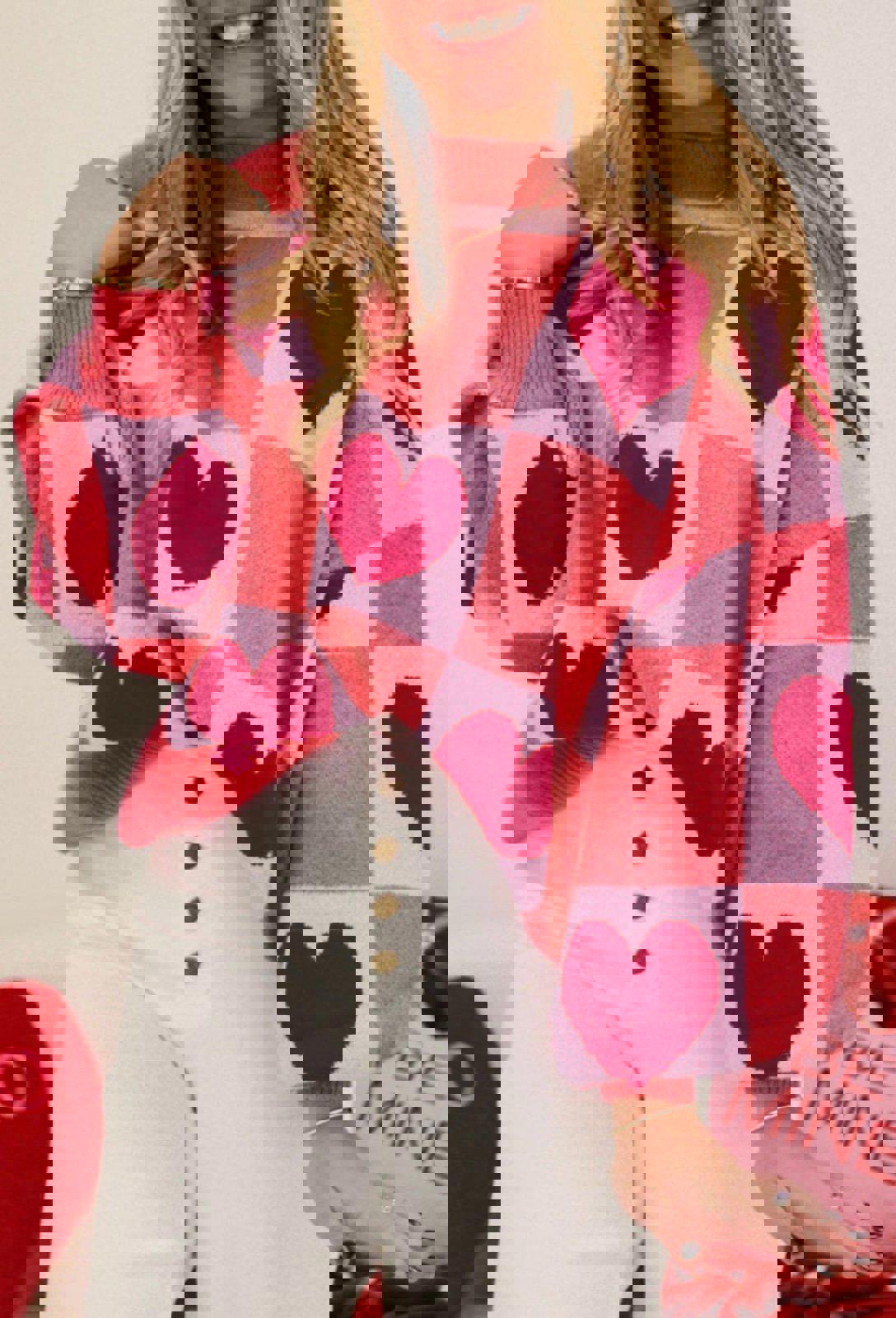 Pink Plus Size Love Heart Block Mock Neck
Lantern Sleeve Valentine Sweater 4XL